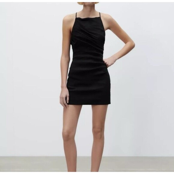 Zara‎ Draped Linen Blend Mini Dress Black, Backless, SZ M Excellent Condition - Picture 1 of 12